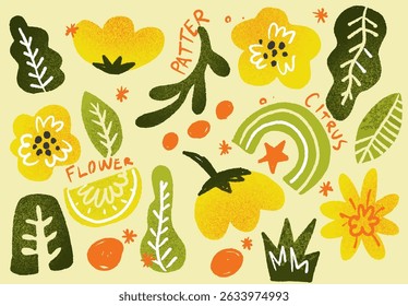 Hand-drawn organic floral pattern with citrus slice and botanical elements on cream background