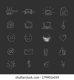 Hand-drawn organic icons. Chalk drawings. Set of 20 illustrations. Unusual naive linear images for a website, messenger, stories, social networks or printed materials.