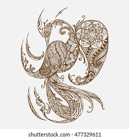 Hand-drawn Oriental phoenix with ethnic ornaments floral doodle pattern. Vector illustration Henna Mandala Zentangle stylized. Design for spiritual relaxation for adults.