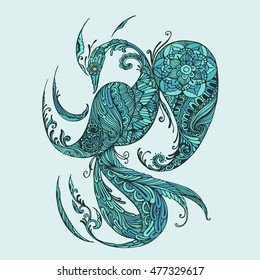 Hand-drawn Oriental phoenix with ethnic ornaments floral doodle pattern. Vector illustration Henna Mandala Zentangle stylized. Design for spiritual relaxation for adults.