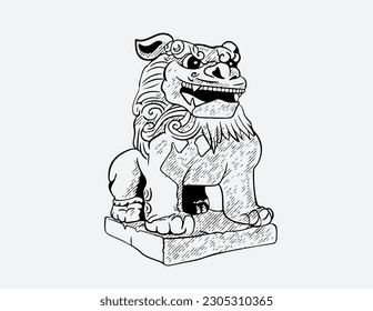 Handdrawn oriental tiger, asian lion, chinese temple guard. Set of Stone lions of China statue. Drawing of lion guarding. Chinese guardian lion believed to have powerful mythic protective powers. Used