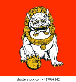Handdrawn oriental tiger, asian lion, chinese temple guard