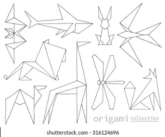 Hand-drawn origami animals made with ink pen. Vector logo templates collection
