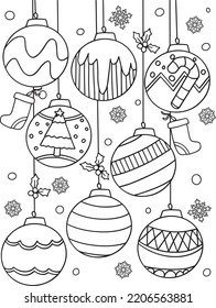 Hand-drawn. Ornament doodle art for Merry Christmas or Happy new year card. Coloring page for adults and kids.