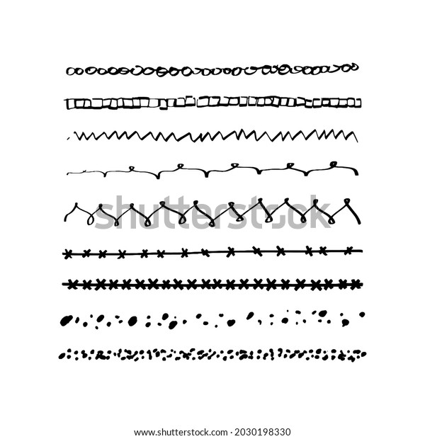 Hand-drawn ornament lines. A set of\
varied line patterns. Vector illustration of graphic patterns for\
frames, highlights, underlines, borders on a white\
background.\
