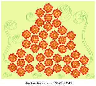A hand-drawn ornament of red flowers in a triangle with elements of green leaves on a light yellow background