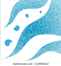 Hand-drawn ornament with shells on a blue background with white waves. Eps 10 vector.