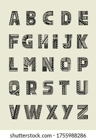 Hand-drawn ornamental alphabet with geometric pattern. Vector set with uppercase patterned letters.