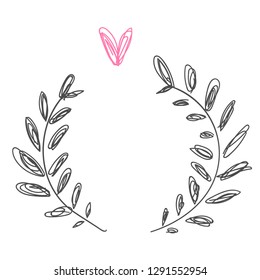 Hand-drawn ornate frame decor element with leaves. Detailed ink black outline rich ornament. Vector image, clipart. Hand drawn floral frame. Decor element for your design.