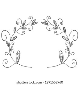 Hand-drawn ornate frame decor element with leaves. Detailed ink black outline rich ornament. Vector image, clipart. Hand drawn floral frame. Decor element for your design.