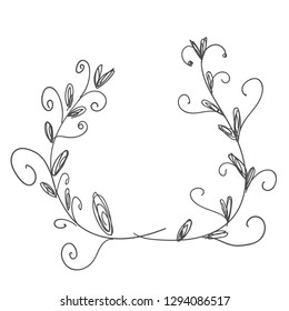 Hand-drawn ornate frame decor element with leaves. Detailed ink black outline rich ornament. Vector image, clipart. Hand drawn floral frame. Decor element for your design.