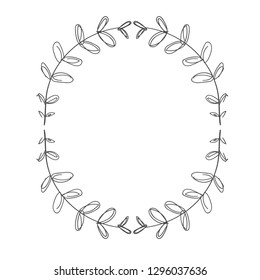 Hand-drawn ornate frame decor element with leaves. Detailed ink black outline rich ornament. Vector image, clipart. Hand drawn floral frame. Decor element for your design.