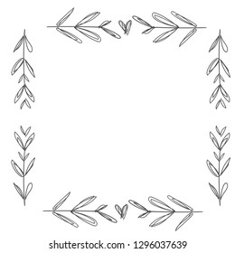 Hand-drawn ornate frame decor element with leaves. Detailed ink black outline rich ornament. Vector image, clipart. Hand drawn floral frame. Decor element for your design.