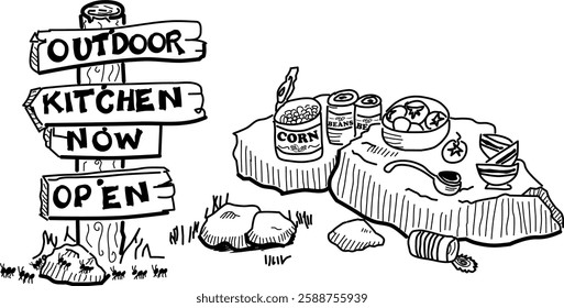 Hand-drawn outdoor kitchen vector doodle. "Outdoor Kitchen Now Open" sign, canned corn, canned beans, tomatoes, bowls, and rocks. Because everything tastes better cooked outside.