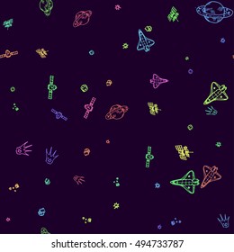 Hand-drawn outer space elements. Seamless vector cosmic background