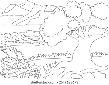 Hand-drawn outline of a beautiful natural scenery featuring majestic mountains, a prominent tree, green bushes, and blossoming flowers, ideal for children's coloring activities and design projects.