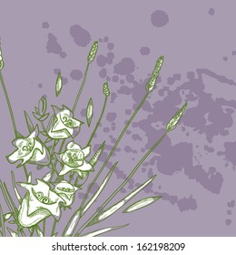 Hand-drawn outline of a bell flower on a background in spots and blots. Used clipping mask.