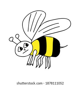 Hand-drawn outline black and yellow vector illustration of a tired sad bee isolated on a white background