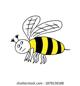 Hand-drawn outline black and yellow vector illustration of a tired sad bee isolated on a white background