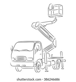 Hand-drawn outline of bucket truck isolated on white background. Art vector illustration for your design