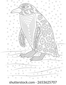 Esquema desenhado à mão de um pinguim encantador com motivos abstratos decorativos, ideal para temas de inverno, atividades infantis e arte imprimível.