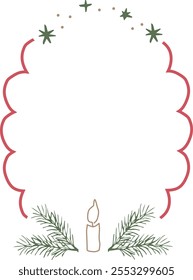 Hand-Drawn outline Christmas Wreath Illustration with candle and Christmas tree branches. Vector flat art perfect for Christmas greeting card.