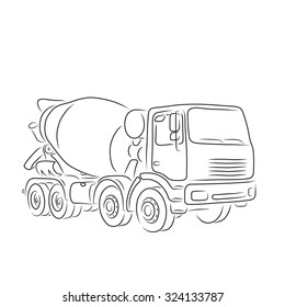 Hand-drawn outline of concrete mixer truck isolated on white background. Art vector illustration for you design