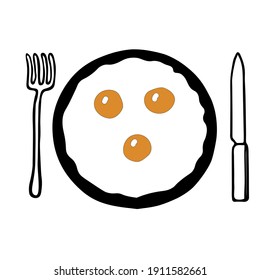 Dibujo manual de la ilustración plana vectorial de los huevos fritos amarillos en la sartén negra con un tenedor y un cuchillo aislados en un fondo blanco para el desayuno