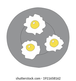 Dibujo manual de la ilustración plana vectorial de los huevos fritos amarillos en la placa gris aislados en un fondo blanco para el desayuno