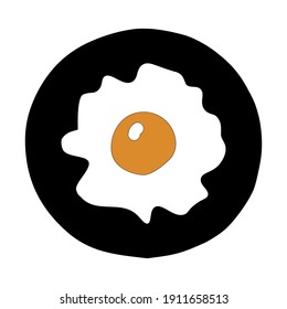 Esbozo dibujado a mano ilustración vectorial plana del huevo frito amarillo en la sartén negra aislado en un fondo blanco para el desayuno