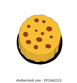 Handgezeichnete, flache Vektorgrafik einer Gruppe von hellgelben Pfannkuchen auf schwarzer Pfanne einzeln auf weißem Hintergrund zum Frühstück oder Abendessen zum Kochen