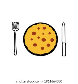 Esbozo dibujado a mano ilustración vectorial plana de un panqueque amarillo caliente en la sartén negra con un tenedor y un cuchillo aislado en un fondo blanco para vacaciones o cena para libro de cocina