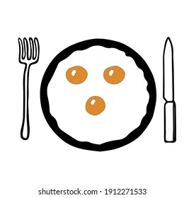 Dibujo manual de la ilustración plana vectorial de los huevos fritos amarillos en la sartén negra con un tenedor y un cuchillo aislados en un fondo blanco para el desayuno