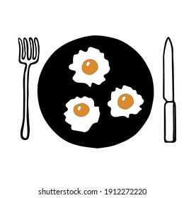 Hand-drawn outline flat vector illustration of the yellow Fried eggs on the black pan with a fork and a knife isolated on a white background for breakfast