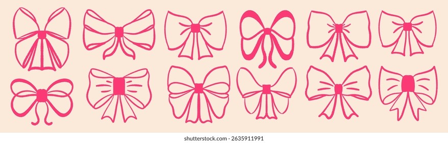 Hand-drawn outline holiday bows collection. Retro-style ribbon elements on isolated background. Creative vintage design ribbons