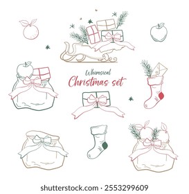 Hand-drawn outline Holiday Christmas elements with gifts, Christmas gift bags, apple, orange, Christmas socks, sled. Vector collection of festive clip arts. Whimsical classic vintage illustrations. 