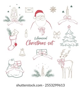 Hand-drawn outline Holiday Christmas elements with gift, Christmas tree, candle, snowflakes, bell, Santa Claus, deer. Vector collection of festive clip arts. Whimsical classic vintage illustrations. 