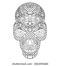 A hand-drawn outline illustration of a stylized skull with dragon, tiger, and demon motifs.