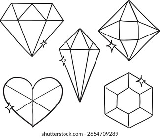 Handgezeichnete Umrissillustrationen mit verschiedenen Diamant- und Edelsteinformen mit subtilen funkelnden Akzenten. Ideal für Schmuck, Luxus, Mode oder Feier-Themen-Designs und -Projekte.	
