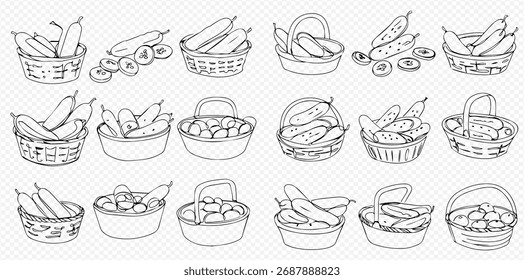 Hand-drawn outline illustrations of fresh cucumbers and pickles, both whole and sliced, arranged in various woven baskets and bowls, depicting a harvest theme.