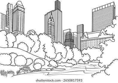 Hand-drawn outline of NYC skyline peeking over park trees, a minimalist urban landscape illustration.