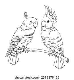 Hand-drawn outline parrot birds on a branch on a white background. Illustration