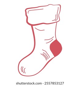 A hand-drawn Outline red Christmas sock of Santa Claus. Christmas vector flat sock illustration