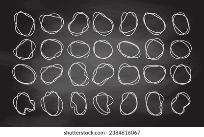 Hand-drawn outline round abstract organic blots of irregular shape on chalkboard background. Liquid shapes for decorations. Vector illustration.