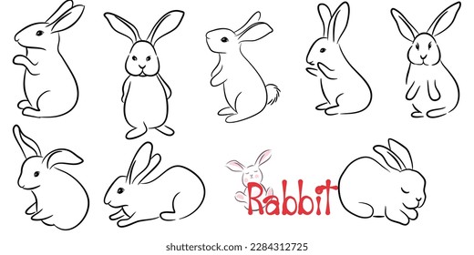 Hand-drawn outline sketch of a cute and friendly rabbit, with simple and minimalist style