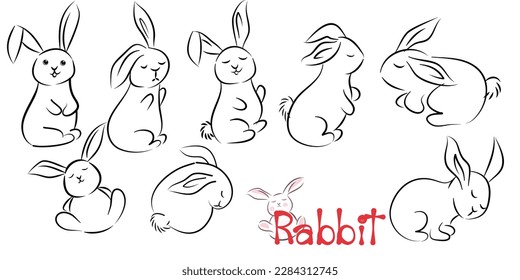 Hand-drawn outline sketch of a cute and friendly rabbit, with simple and minimalist style