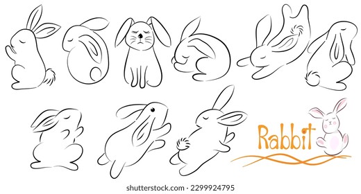 Hand-drawn outline sketch of a cute and friendly rabbit, with simple and minimalist style