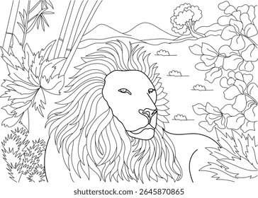 Hand-drawn outline sketch of a lion in a natural setting with plants, mountains, and clouds, ideal for coloring or illustration.