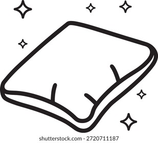Esquema dibujado a mano de una manta cuadrada con Pequeñas estrellas brillantes, ilustración de arte lineal simple sobre fondo transparente.