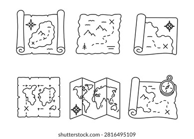 Hand-drawn outline treasure map icon collection with pirate maps, landmarks, and navigation symbols. Editable vector set for adventure, travel, games, and exploration themes.